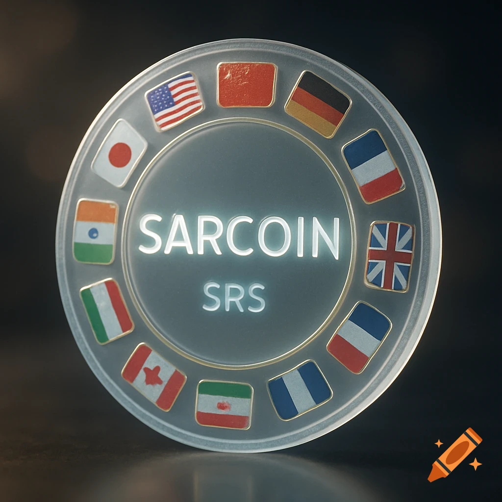 A semi-transparent frosted glass token for 'SARCOIN SRS' with a soft glow, surrounded by international flags including USA, China, Germany, France, and Japan.