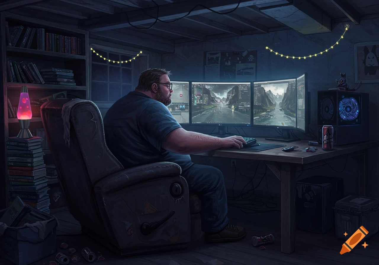 A bearded man in a dark basement plays video games on a triple monitor setup, illuminated by screen light and a glowing lava lamp.