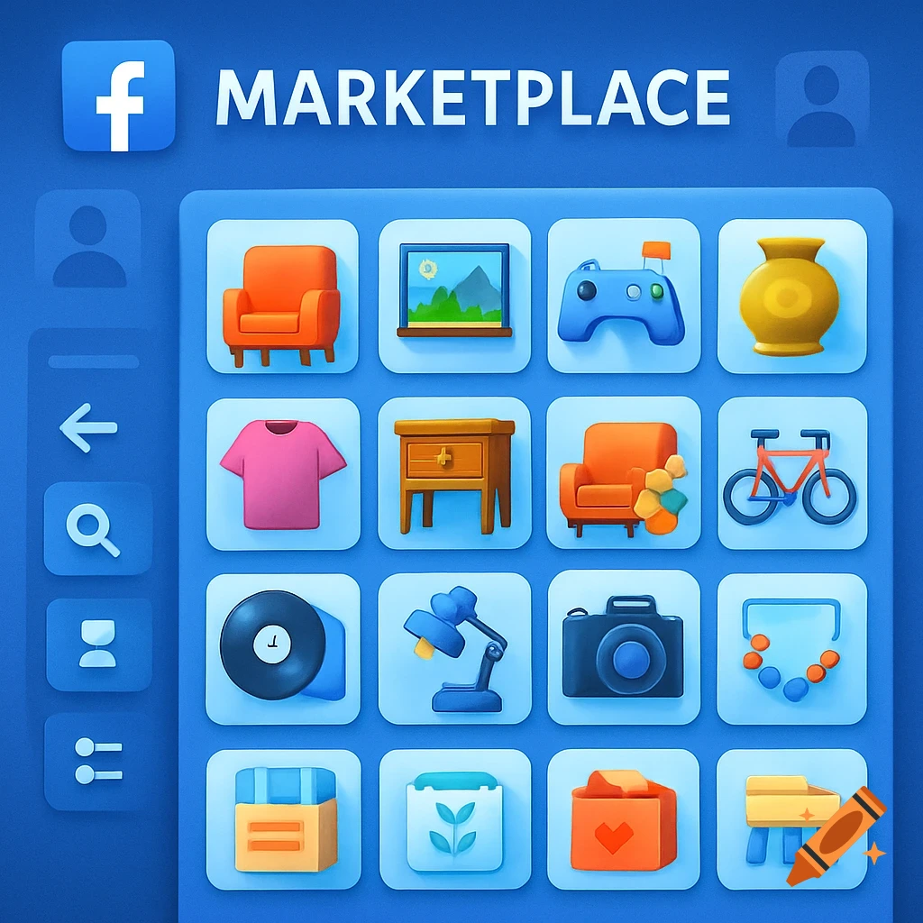 A blue Facebook Marketplace interface with a grid of stylized icons for items like a chair, game controller, shirt, bike, and camera.