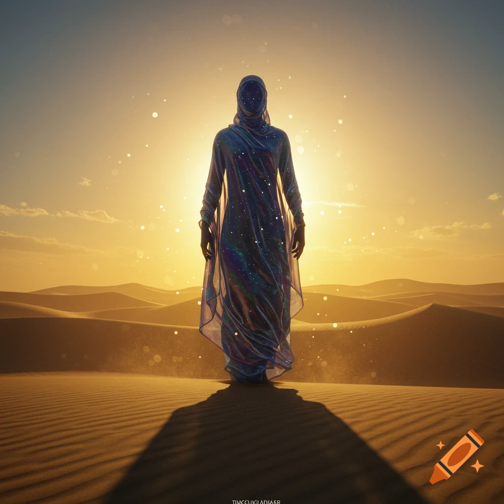 A cloaked, shimmering figure stands in a vast, sunlit desert at sunset, surrounded by sparkling dust.