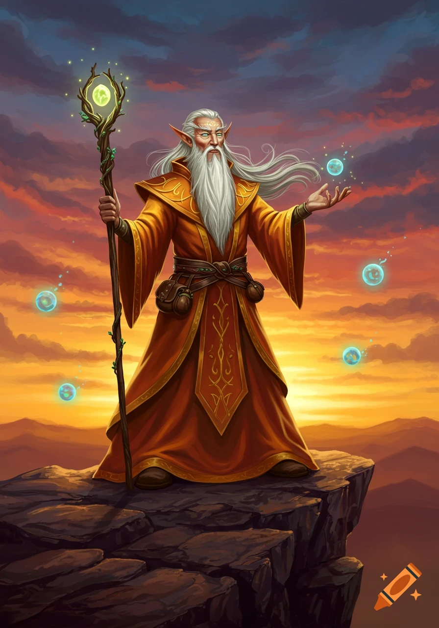An old sun elf wizard with a long white beard and a staff, standing on a cliff at sunset with glowing magical orbs.