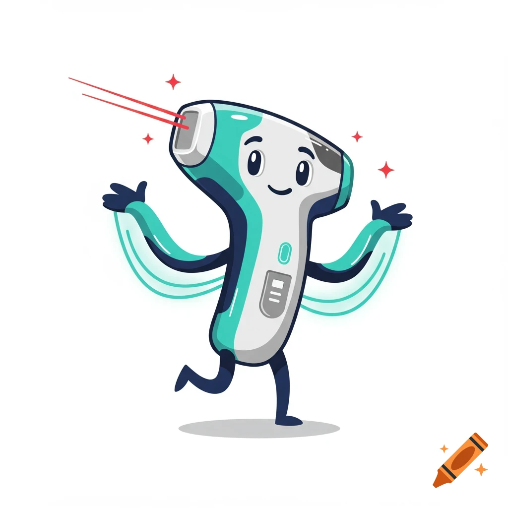 A friendly, teal, grey, and navy blue cartoon mascot of a laser hair removal device, with red laser beams emitting from its head and sparkling stars.
