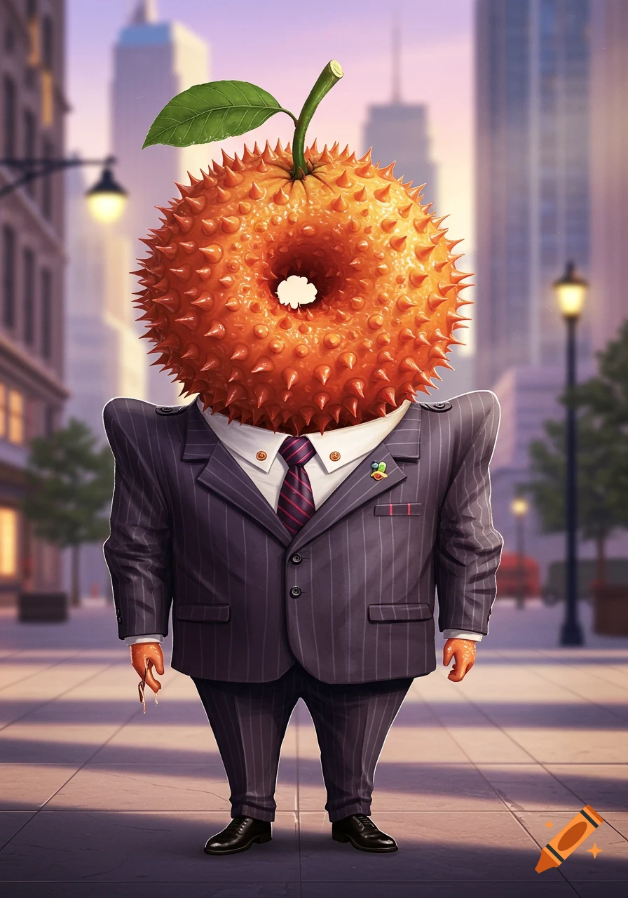 A cartoonish, anthropomorphic orange, spiky donut-like fruit with a green leaf stem, wearing a pinstripe business suit, stands on a city sidewalk at dusk.