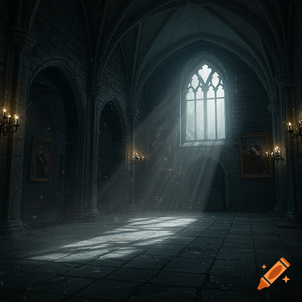 A grand, dark gothic castle hall with light rays streaming through a large arched window, illuminating dust particles.