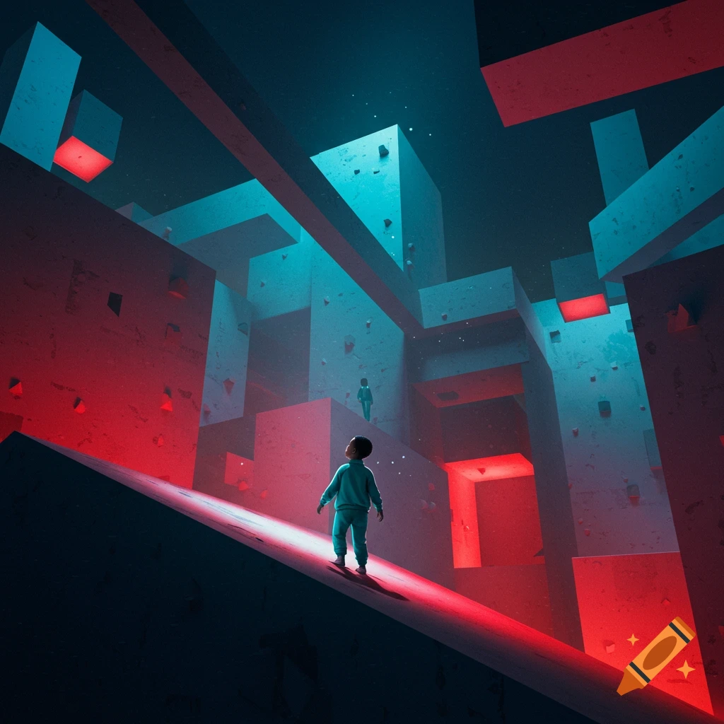 A small boy stands on a red-lit incline, looking up at a vast, abstract landscape of geometric blocks illuminated by red and blue light. Surreal digital art.