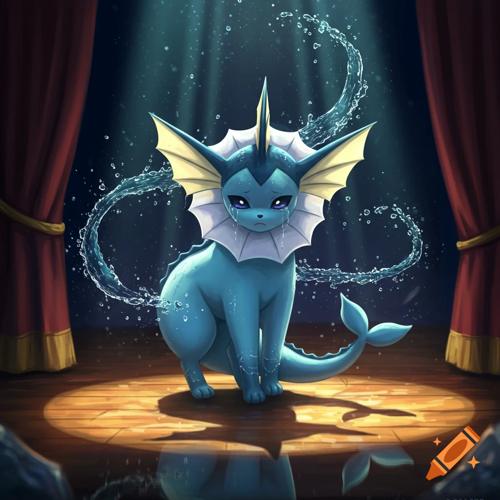 A sad Vaporeon, a blue aquatic Pokemon, sits on a wooden stage under a spotlight, crying with tears and water splashes around it. Red curtains frame the background.