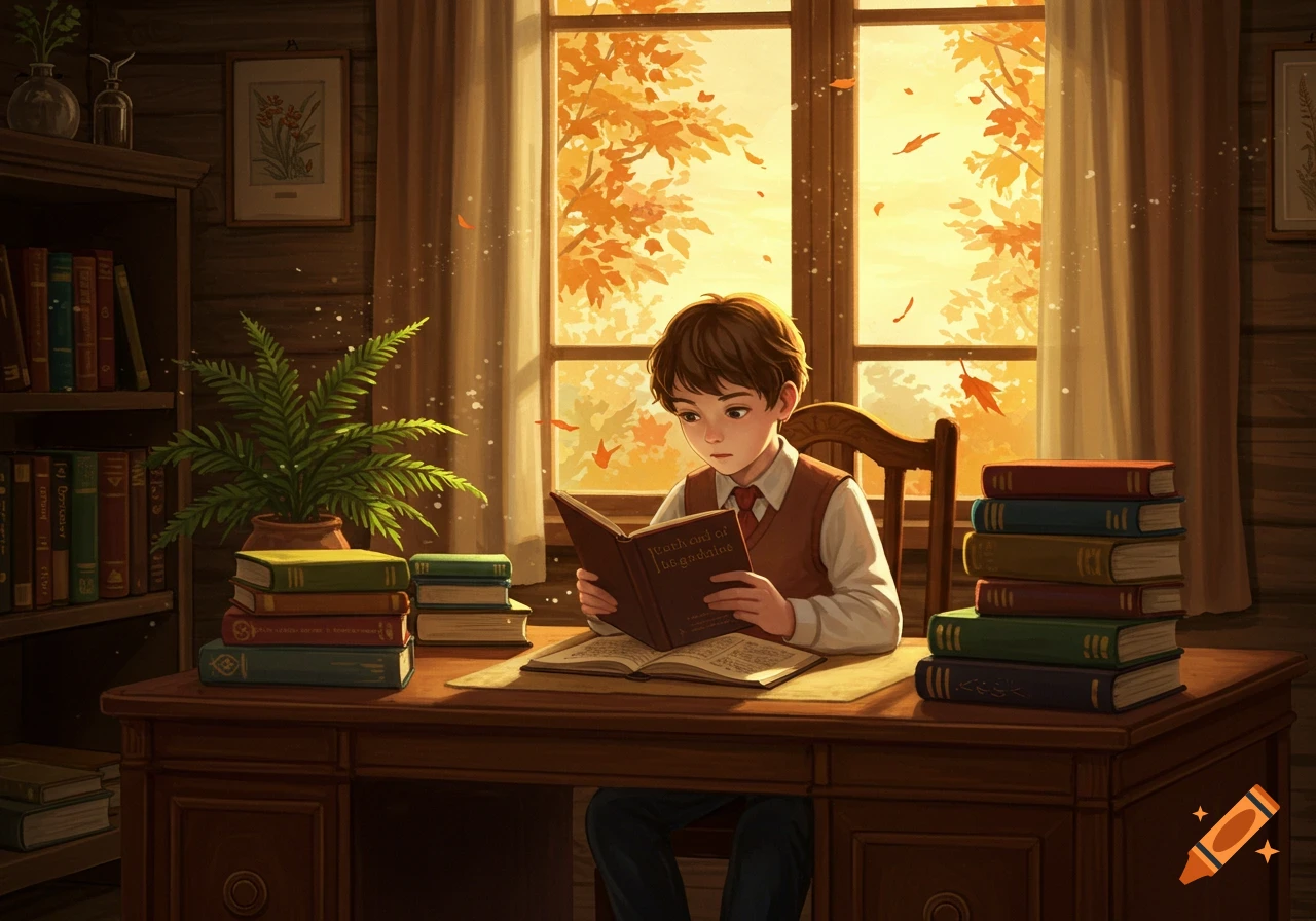 An illustrated boy with brown hair, wearing a brown vest and white shirt, sits at a wooden desk reading a book by a window with autumn leaves outside.