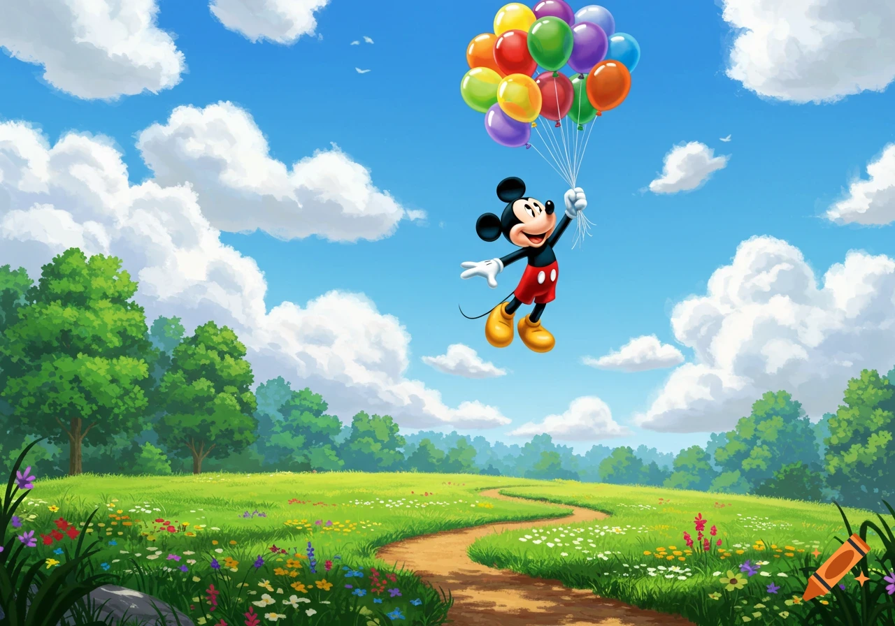 Mickey Mouse floats in a bright blue sky, holding a large bunch of colorful balloons above a green field with wildflowers and a winding path.