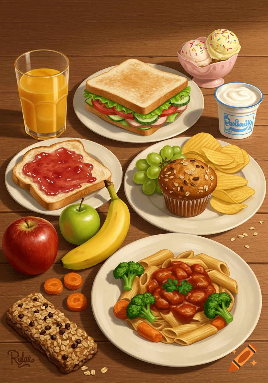 A detailed illustration of a wooden table laden with various meals including sandwiches, pasta, fruit, desserts, and drinks.