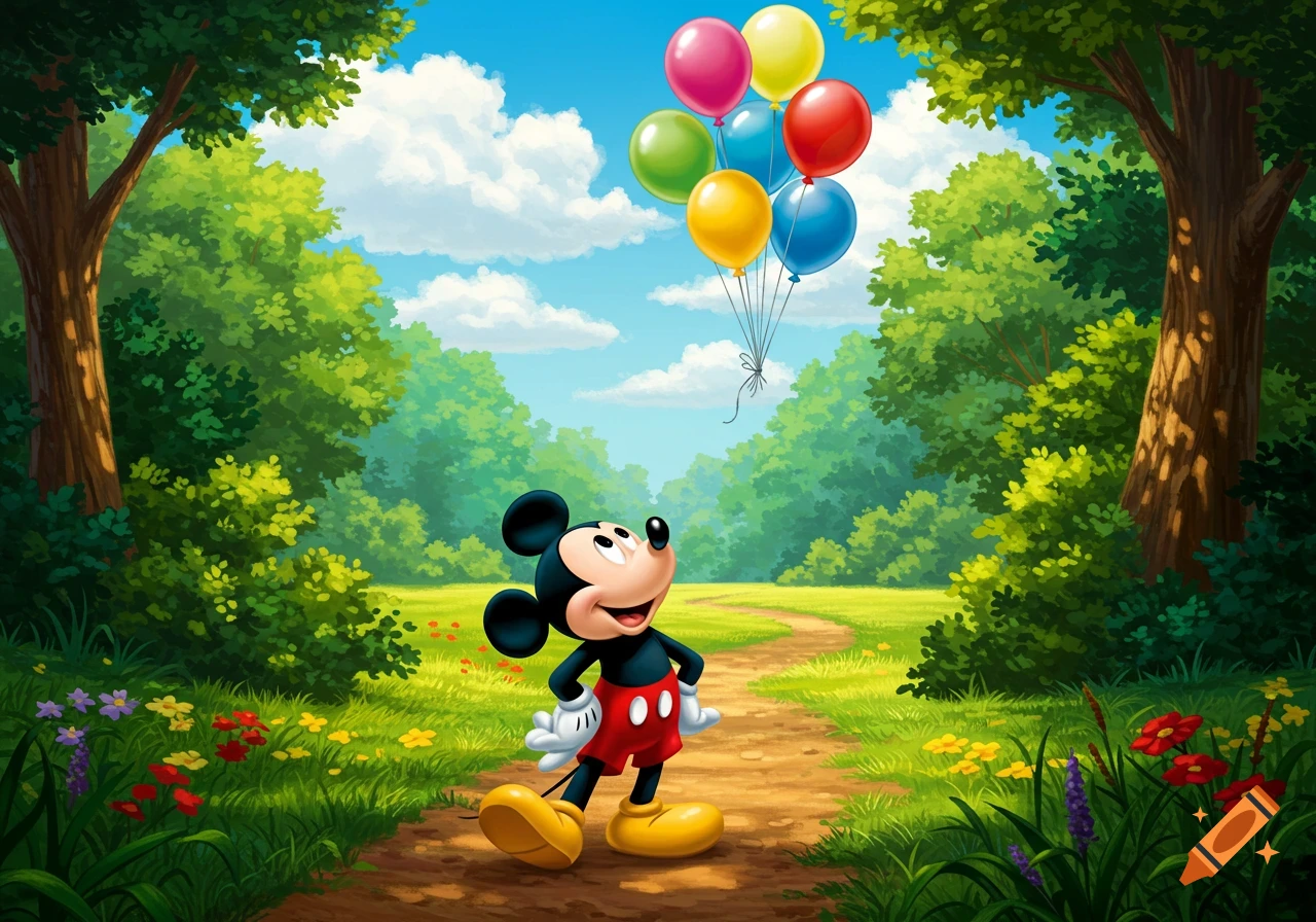 Mickey Mouse stands on a dirt path in a vibrant green forest, looking up at a bunch of colorful balloons floating into a blue sky.