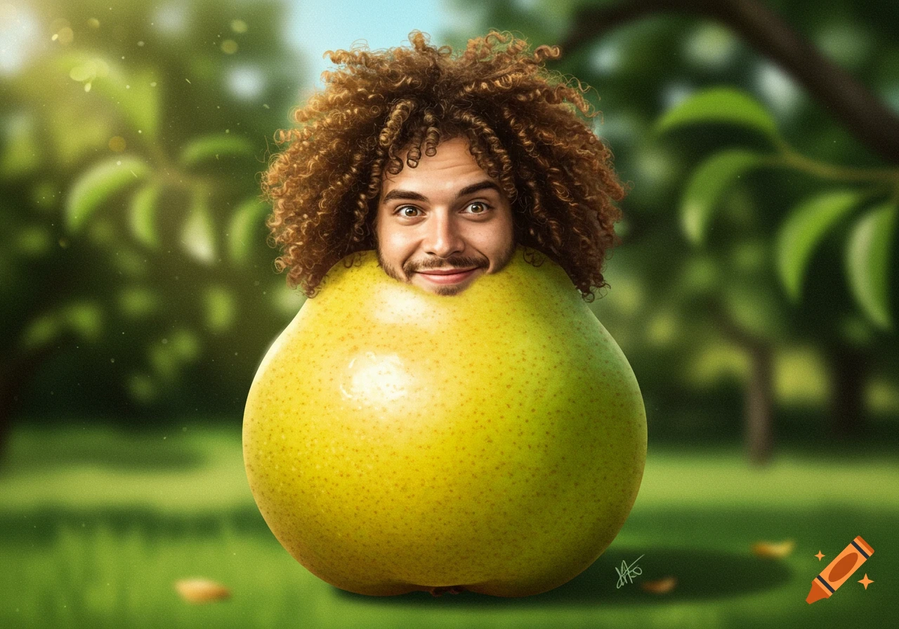 A man's head with curly brown hair emerges from a large, green and yellow pear in a blurred garden.