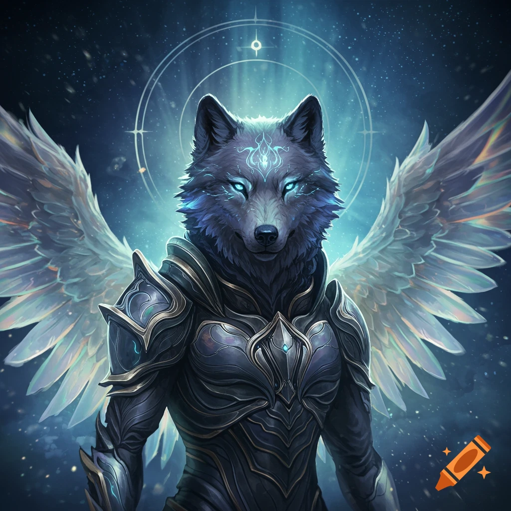 A majestic wolf-like creature with glowing blue eyes and large white wings, clad in futuristic black and gold armor, set against a starry, ethereal blue background.
