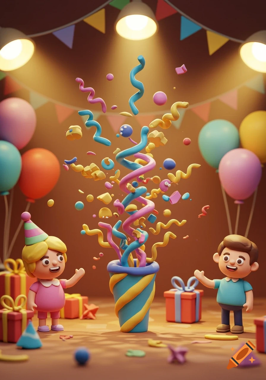 Claymation children celebrate at a colorful party with confetti, balloons, and gifts.