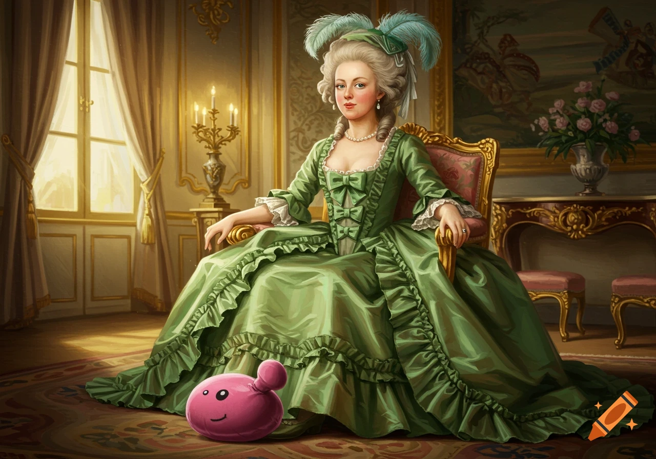 A classical painting of Marie Antoinette in a green gown, seated in a gold chair in a grand room, with a pink, smiling blob creature at her feet.