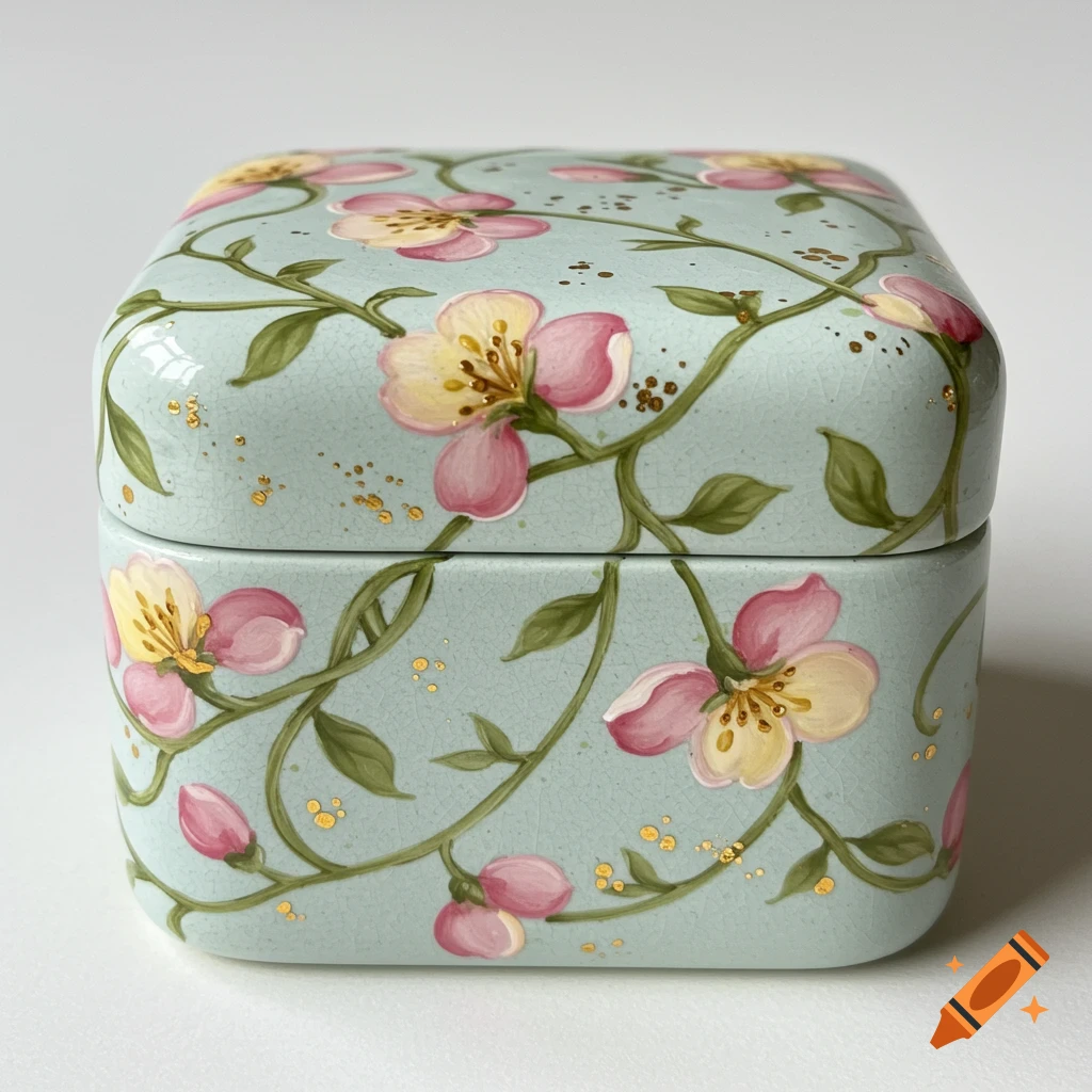 A light blue ceramic box with rounded edges, decorated with pink and yellow flowers on green vines and gold speckles.