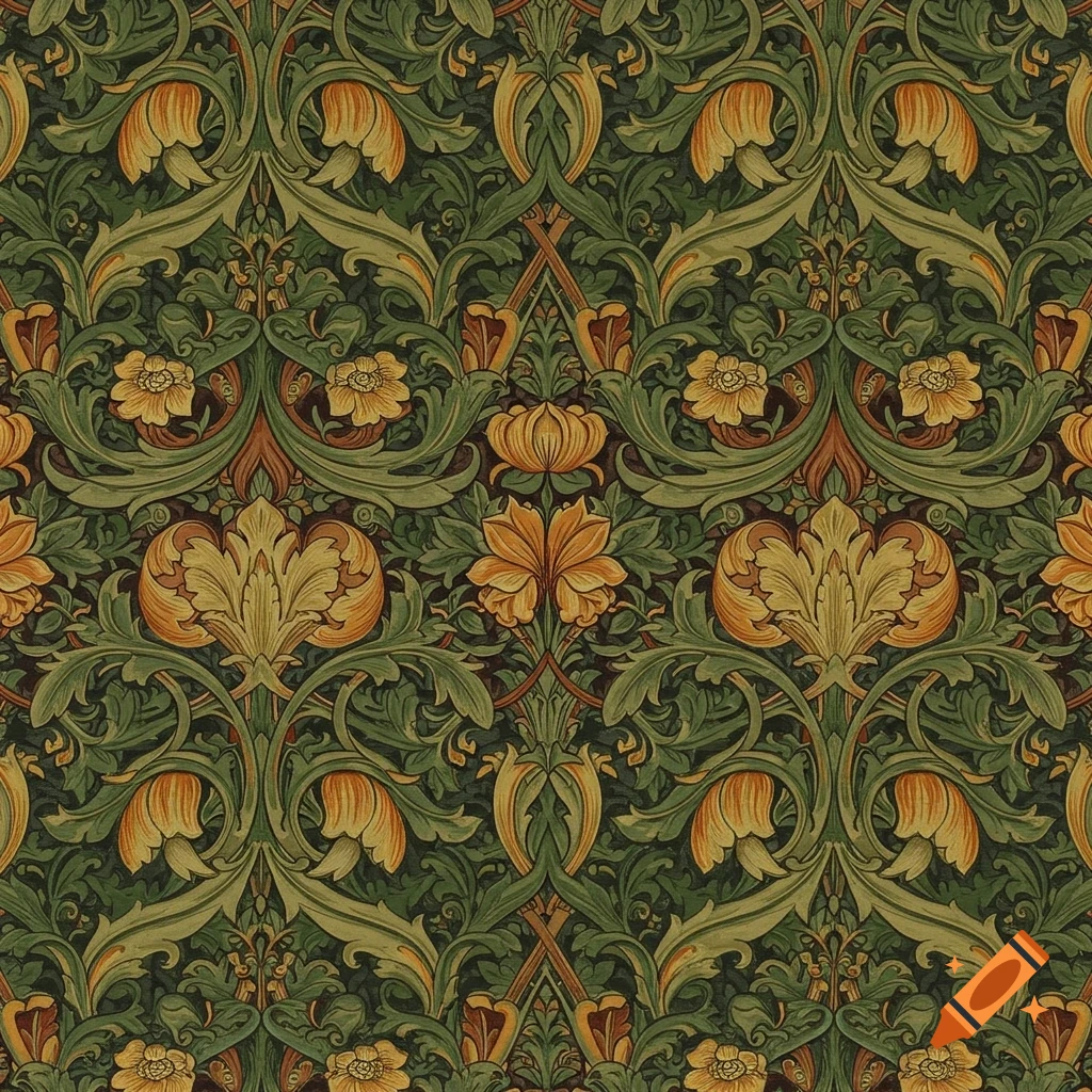 A dark green and yellow botanical pattern in the distinct William Morris style, featuring intertwined leaves and stylized flowers.