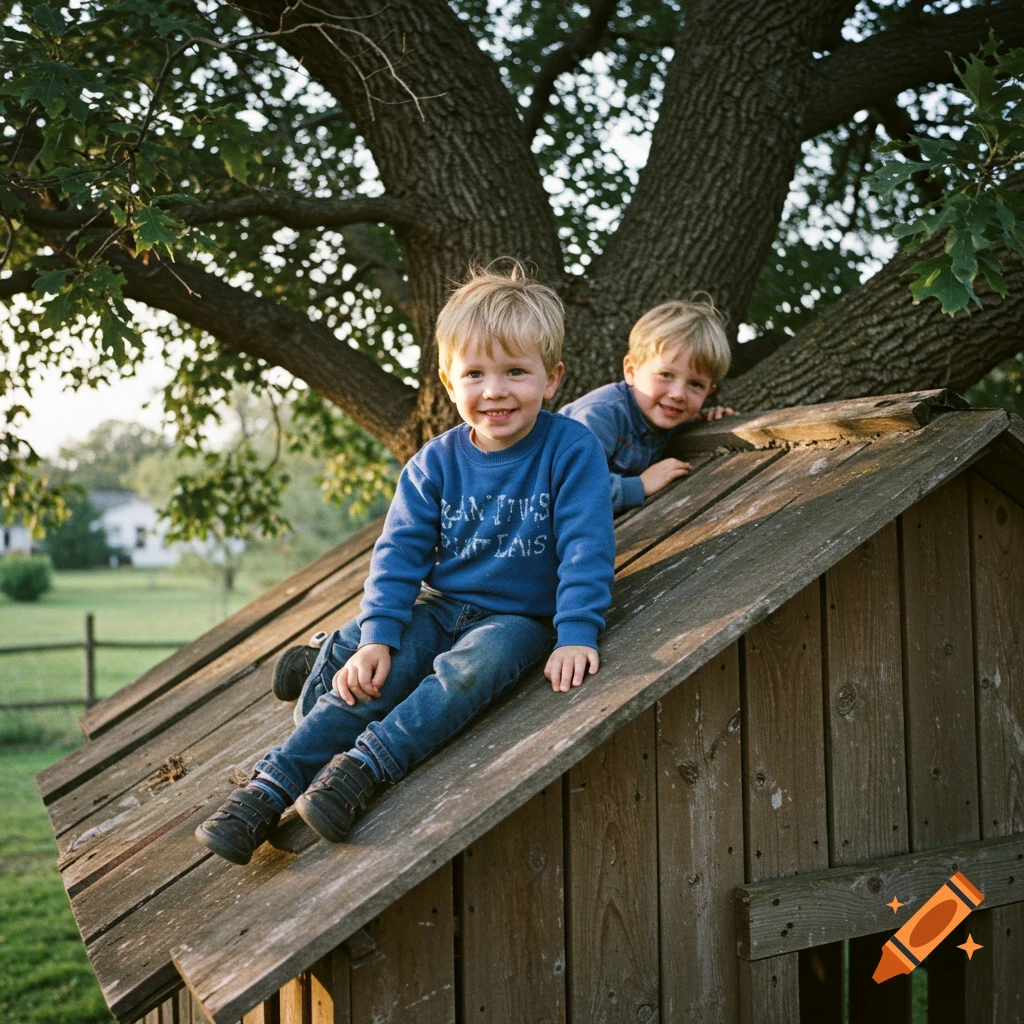 Two smiling young boys playing on the wooden roof of a small playhouse, under a large green tree in a sunny, outdoors setting, in a photorealistic style.