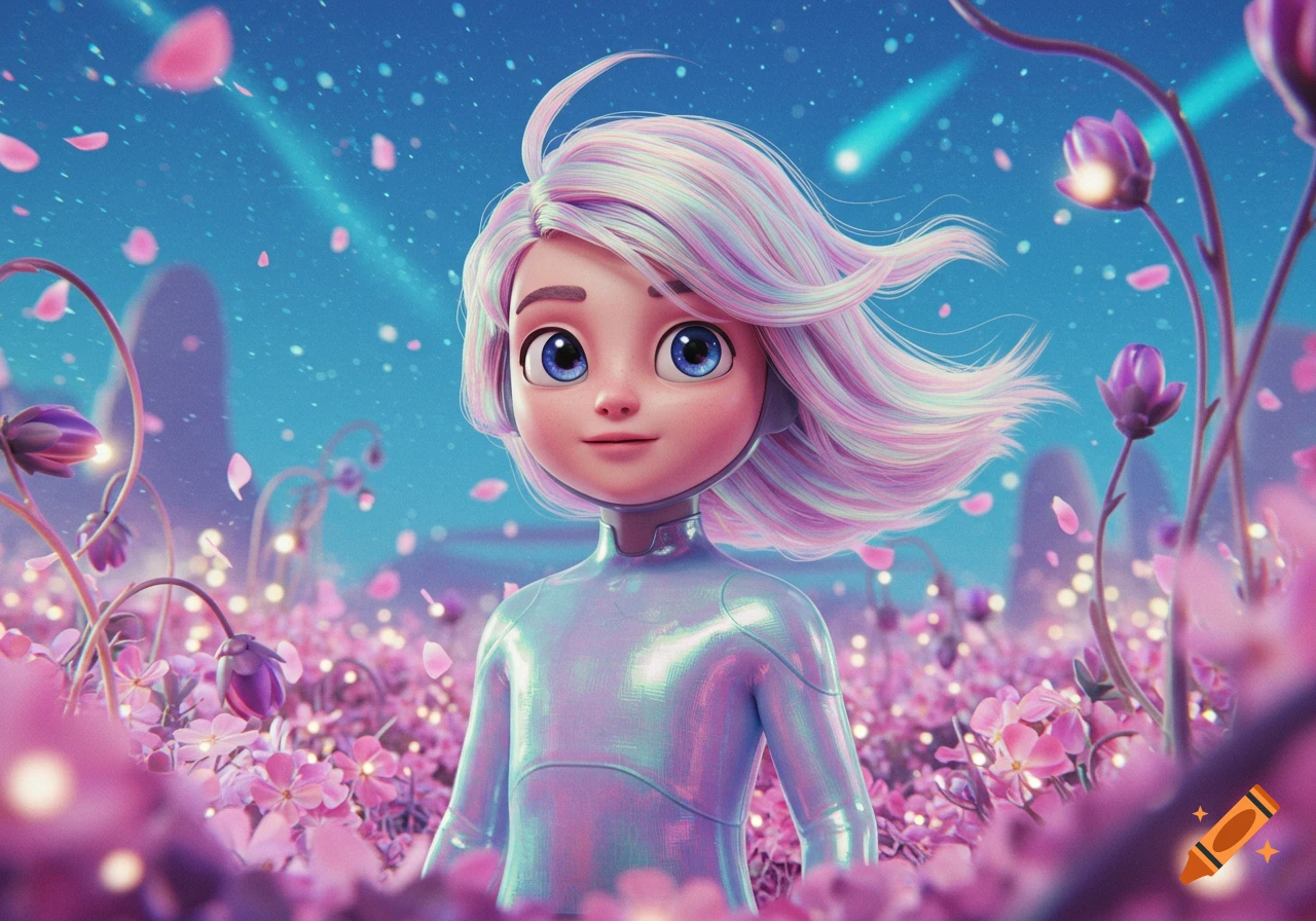 Cute animated character with pastel rainbow hair in iridescent suit stands in field of glowing pink flowers under starry blue sky.