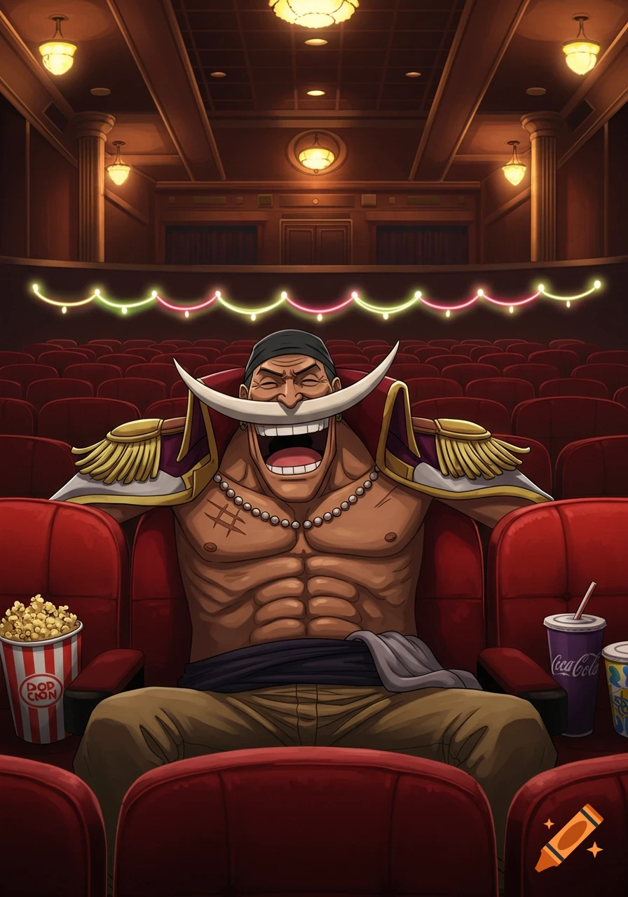 Whitebeard from One Piece sitting shirtless in a cinema, laughing loudly, with popcorn and a drink.