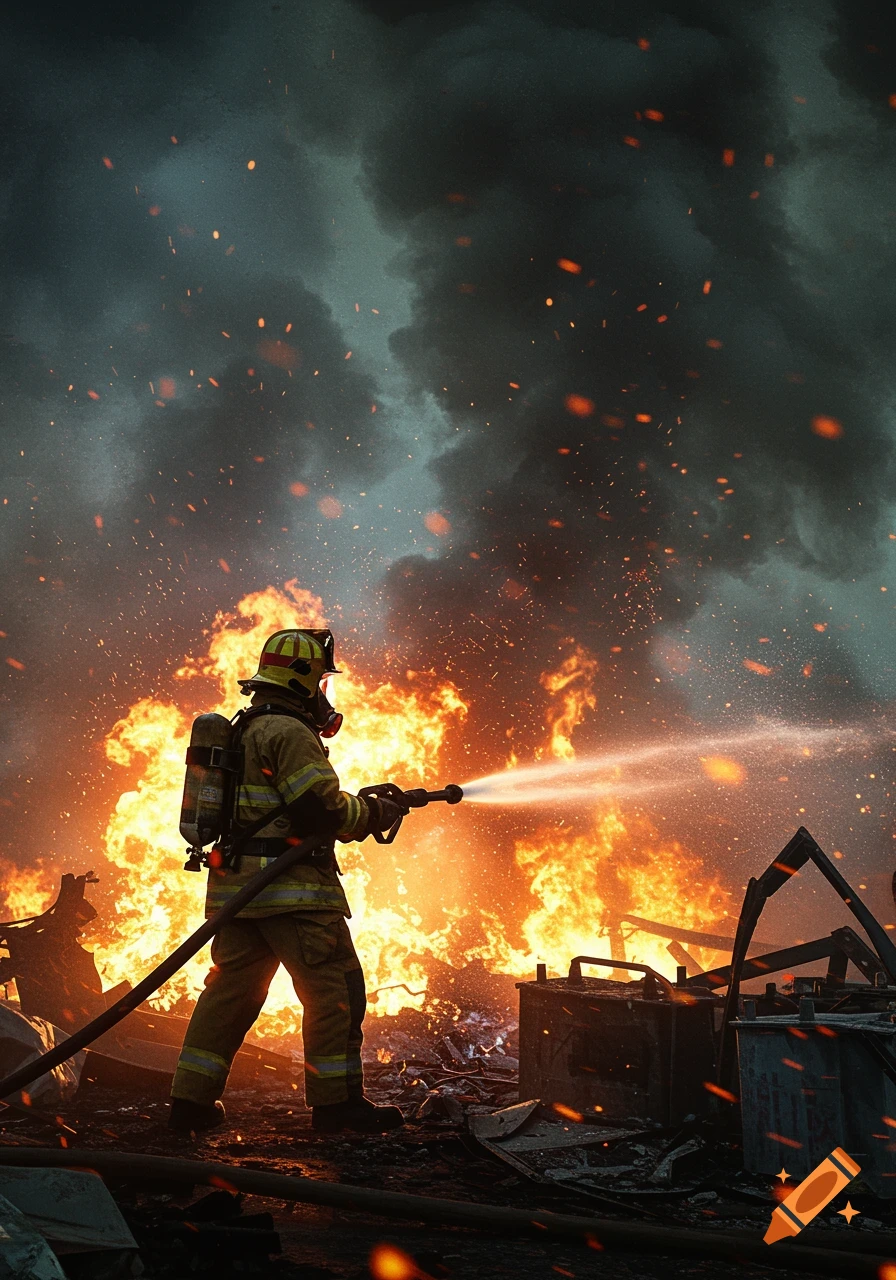A firefighter battles a large blaze with a hose, with flames and smoke billowing behind them in a dark, fiery scene.