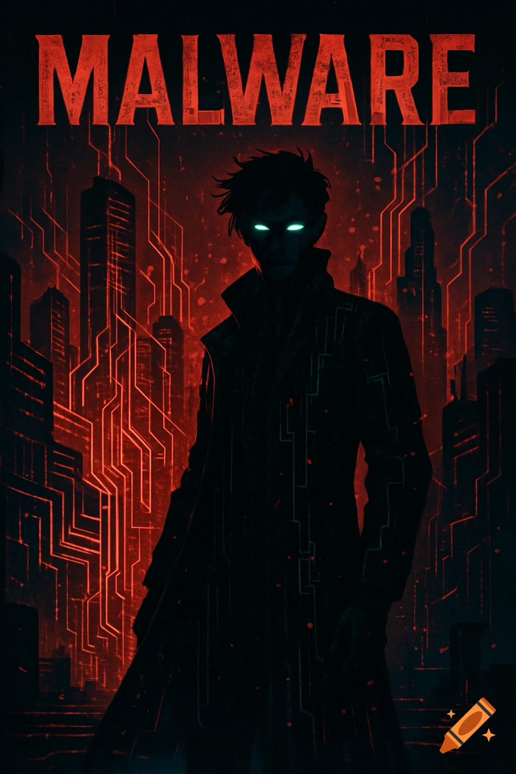 A dark, silhouetted figure with glowing green eyes stands in a futuristic cityscape with red circuit lines, under the red text "MALWARE".