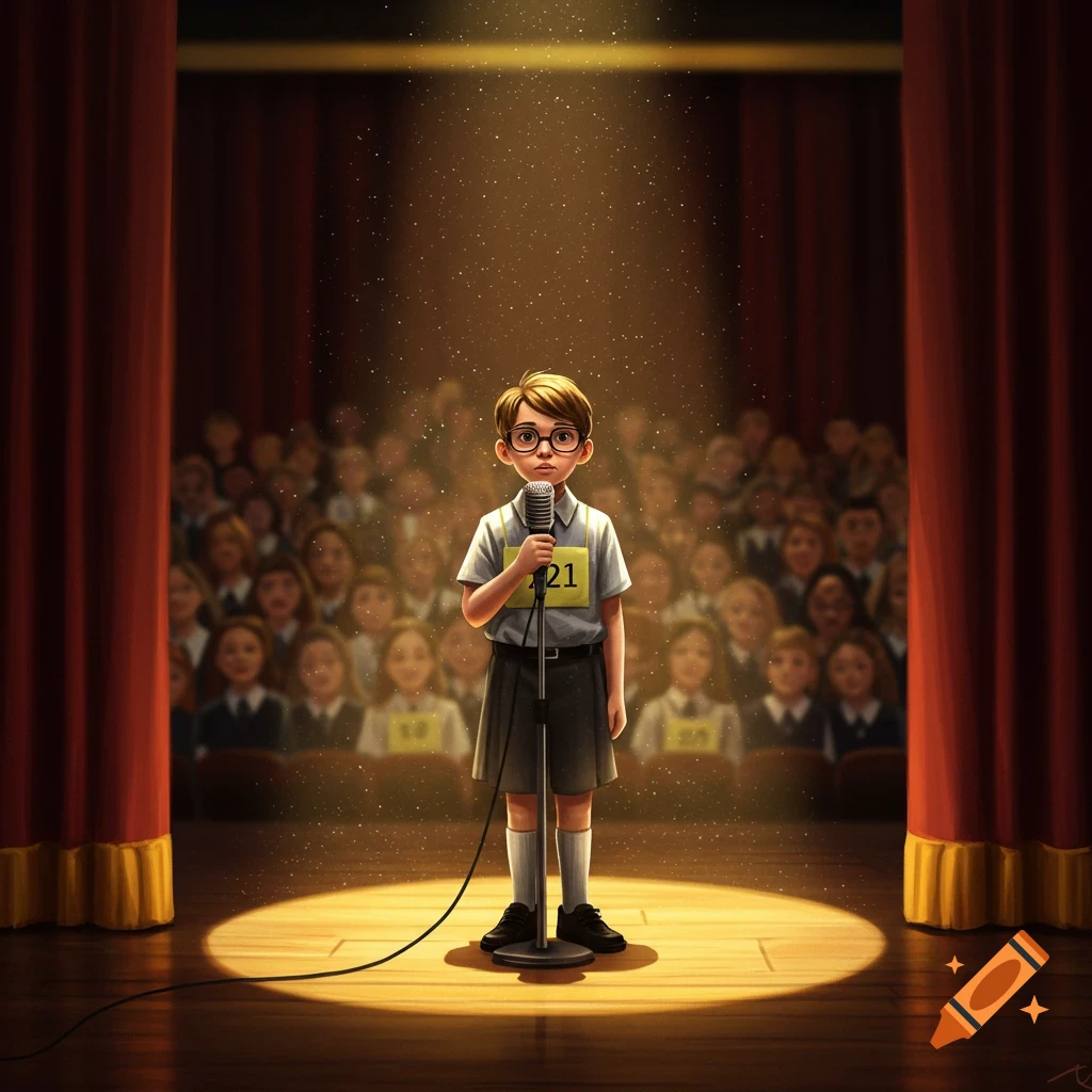 A young boy in glasses stands on a stage under a spotlight, holding a microphone at a spelling bee event, with an audience in the background.