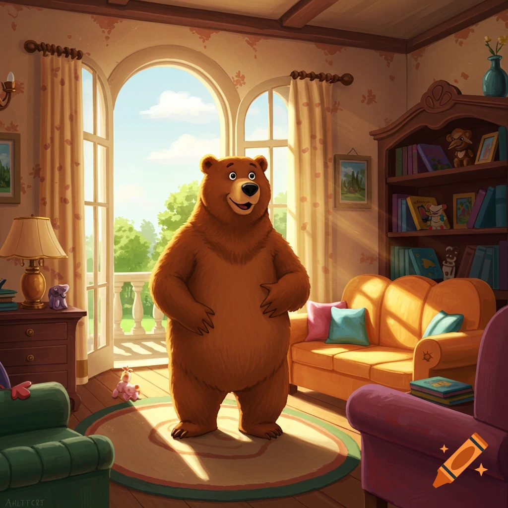 A cartoonish brown bear stands in a sunlit living room with arched windows, a bookshelf, and furniture.