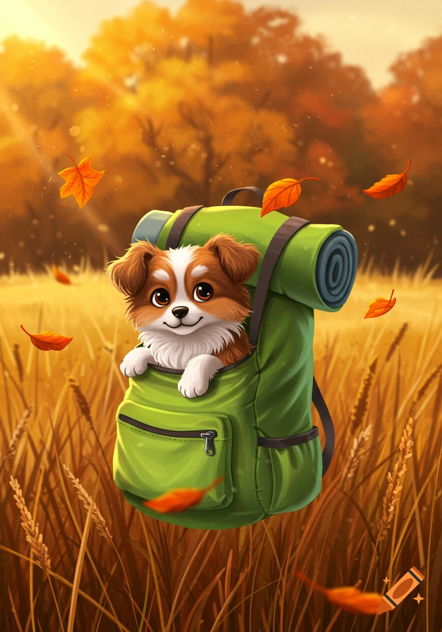 A cute cartoon puppy peeks out of a green backpack in an autumn field with falling orange leaves.