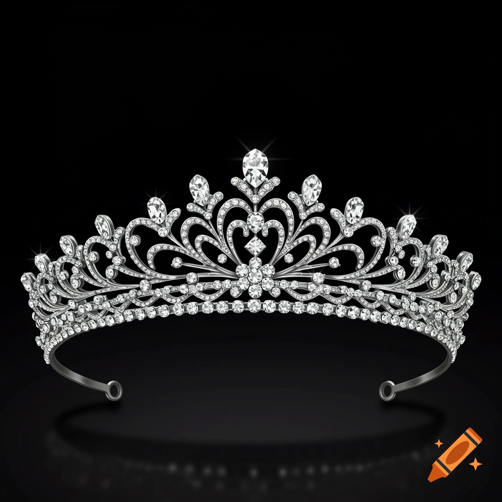 A photorealistic image of a sparkling silver tiara adorned with numerous diamonds, set against a dark background with a subtle reflection.