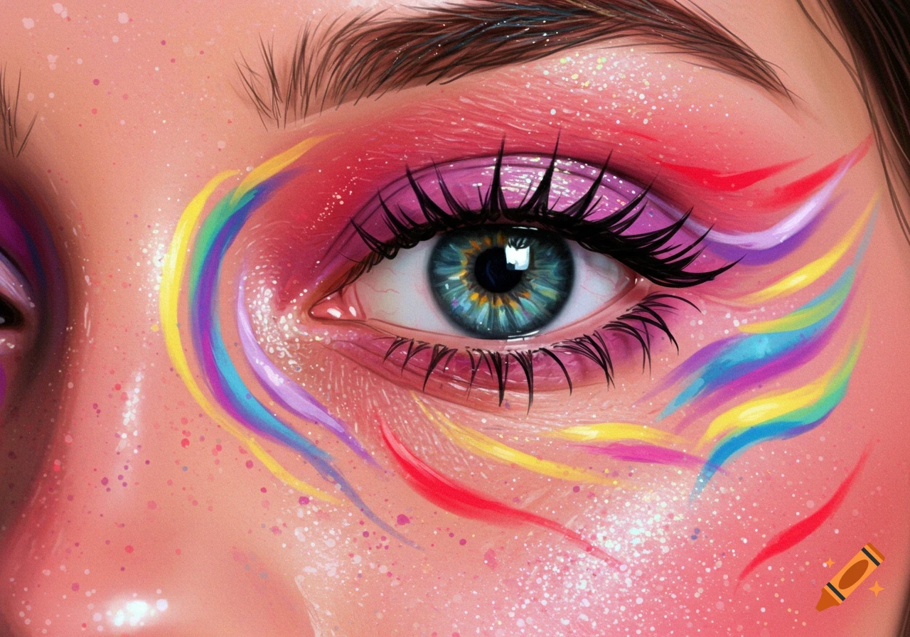 Close-up of a human eye with vibrant rainbow face paint and glitter on the eyelids, in a digital art style.
