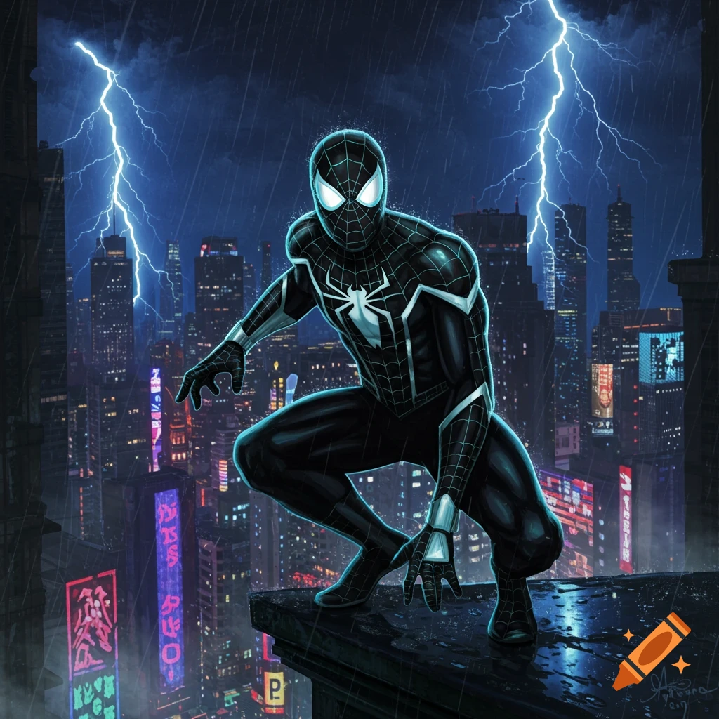 A superhero in a black suit with a white spider emblem crouches on a rainy rooftop, overlooking a city skyline with lightning.