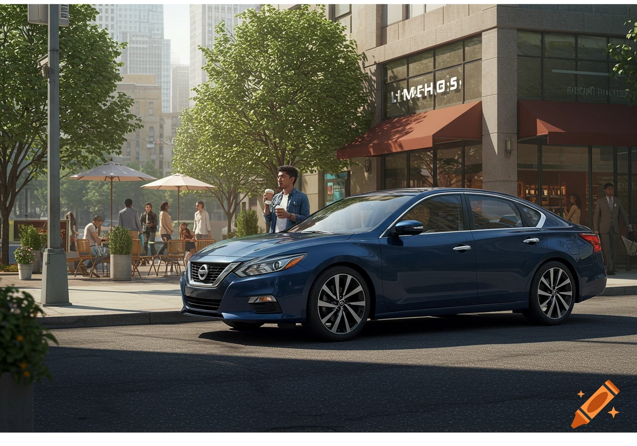 A blue Nissan Altima is parked on a city street in front of a cafe with outdoor seating and pedestrians.