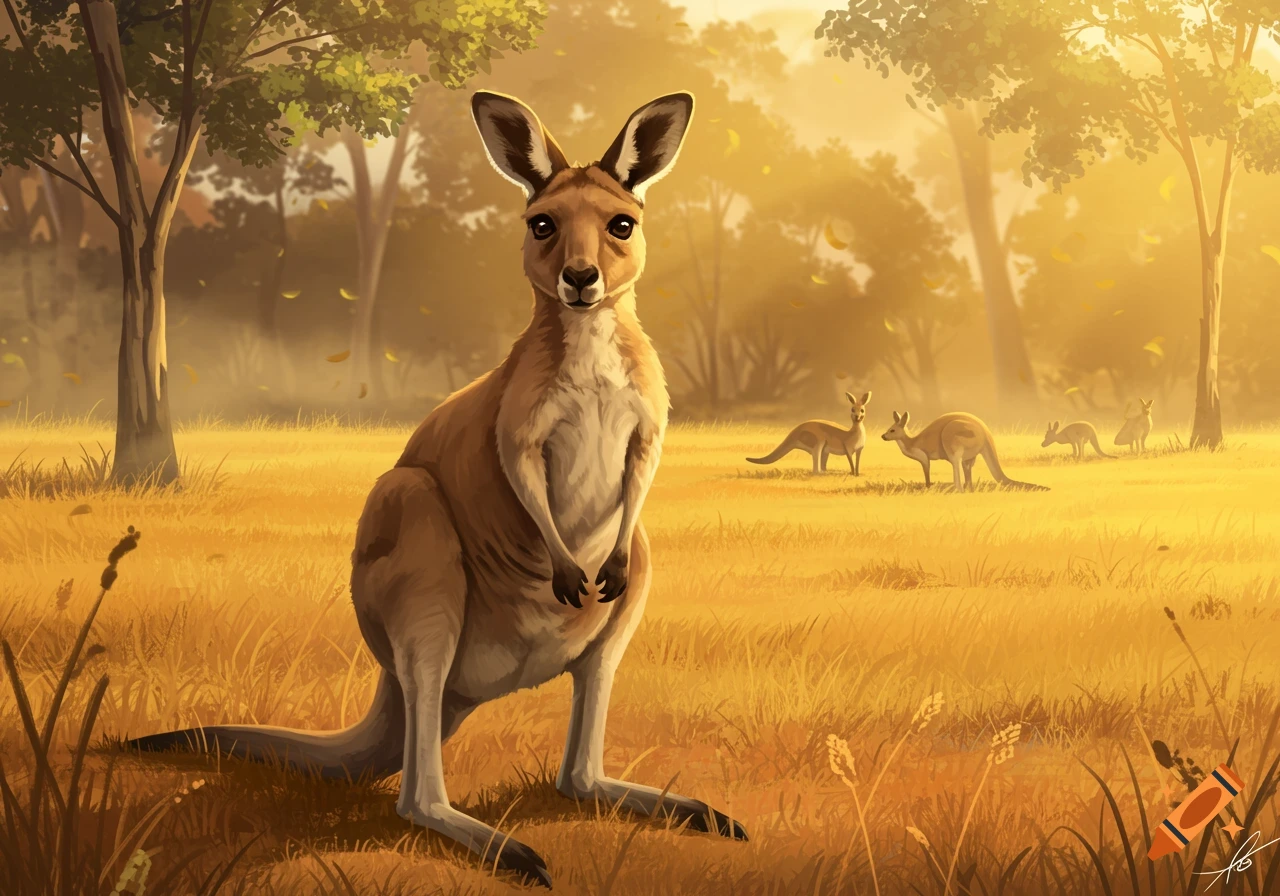 An illustration of a kangaroo standing in a golden field with other kangaroos and trees in the background at sunset.