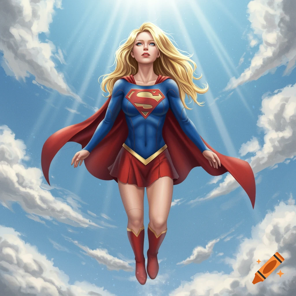 Blonde Supergirl in classic blue and red suit flying upwards through a sunny blue sky with white clouds.