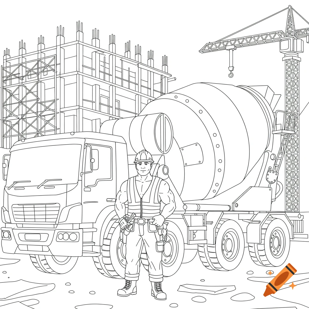 A black and white coloring book page showing a construction worker standing in front of a concrete truck at a construction site with a building and crane.