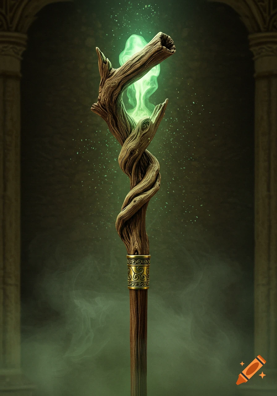 A mystical staff with a twisted wooden top emitting a vibrant green glow, featuring a golden band and a sleek brass base.