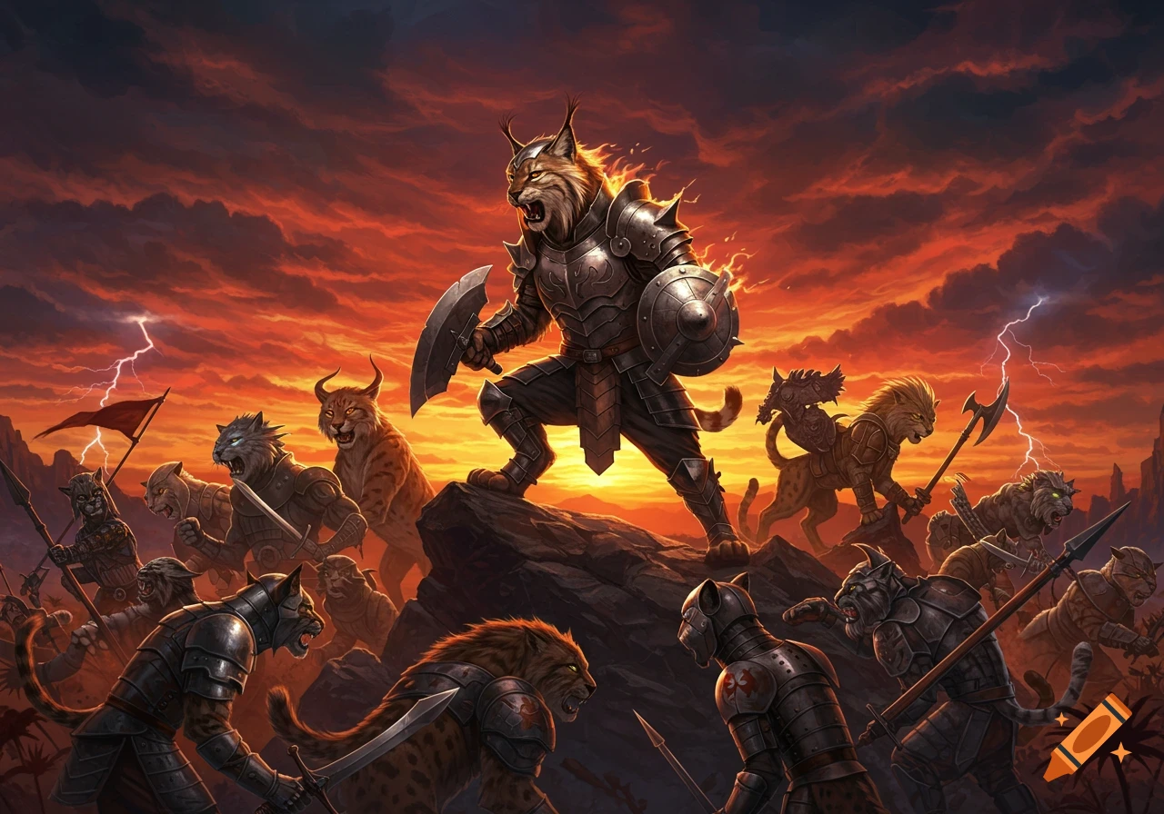 A dramatic fantasy illustration of anthropomorphic warrior cats battling under a fiery orange and red sky with lightning.