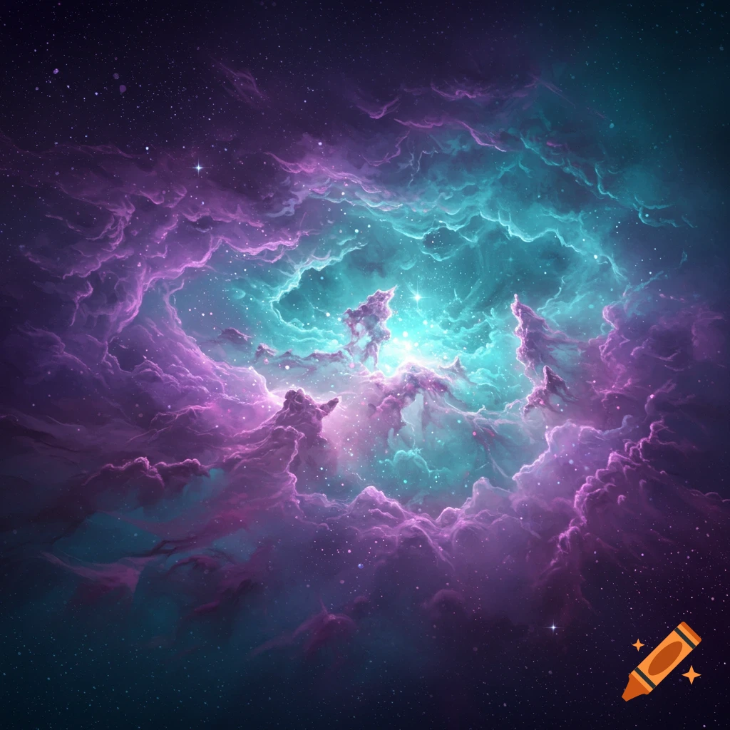A vibrant nebula cloud glows with brilliant turquoise and deep purple colors amidst a star-filled cosmic backdrop.
