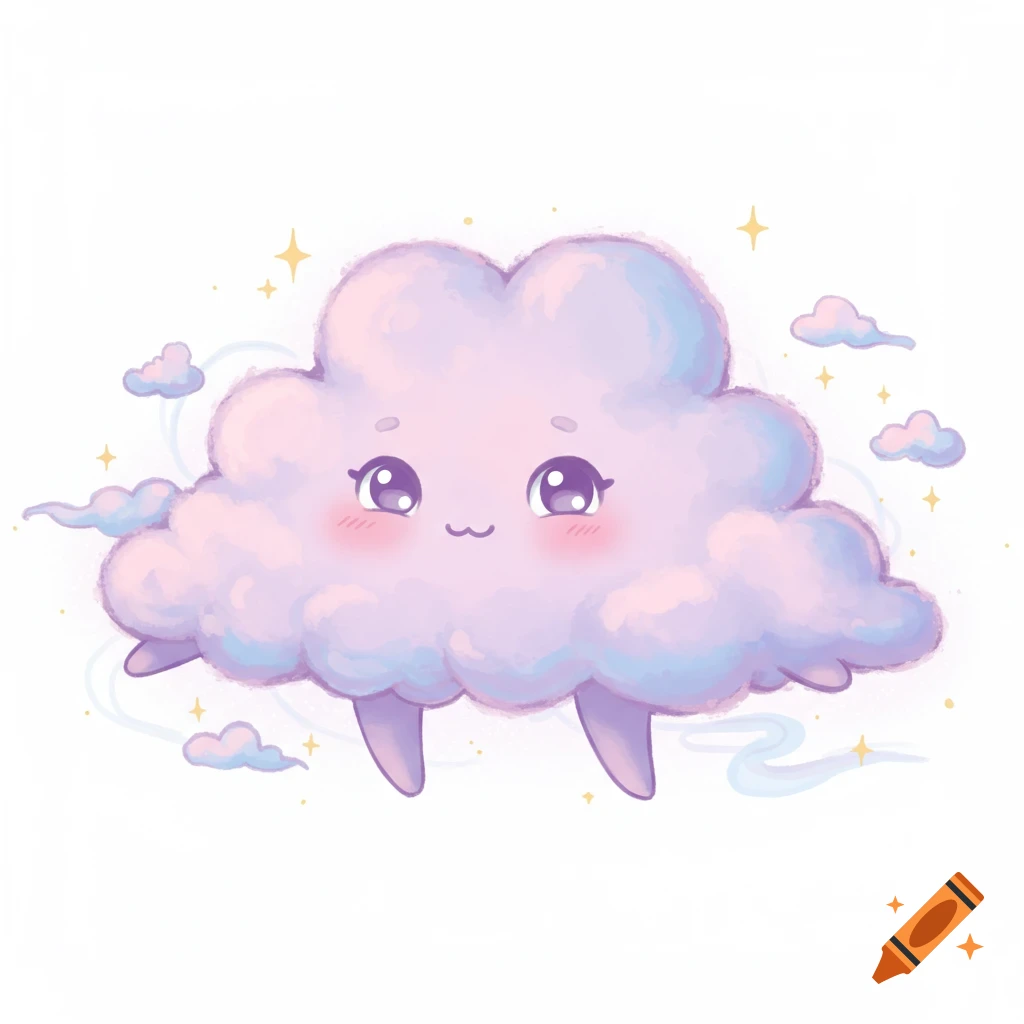 A cute, smiling cartoon cloud in pink and purple hues, with small legs, surrounded by sparkling stars and wisps.