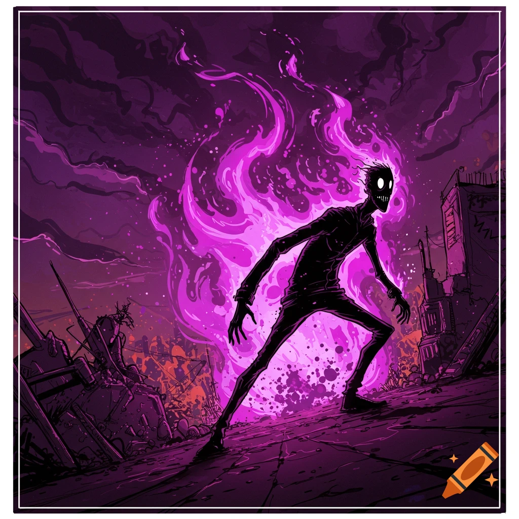 A gaunt, shadowy figure with glowing eyes and jagged teeth stands amidst vibrant purple flames and destroyed buildings, in a stylized art style.