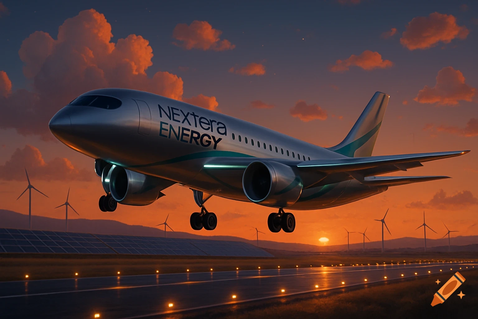 A silver airplane with 'NextEra ENERGY' on its side takes off from a runway with lights at sunset, with wind turbines and solar panels in the background.