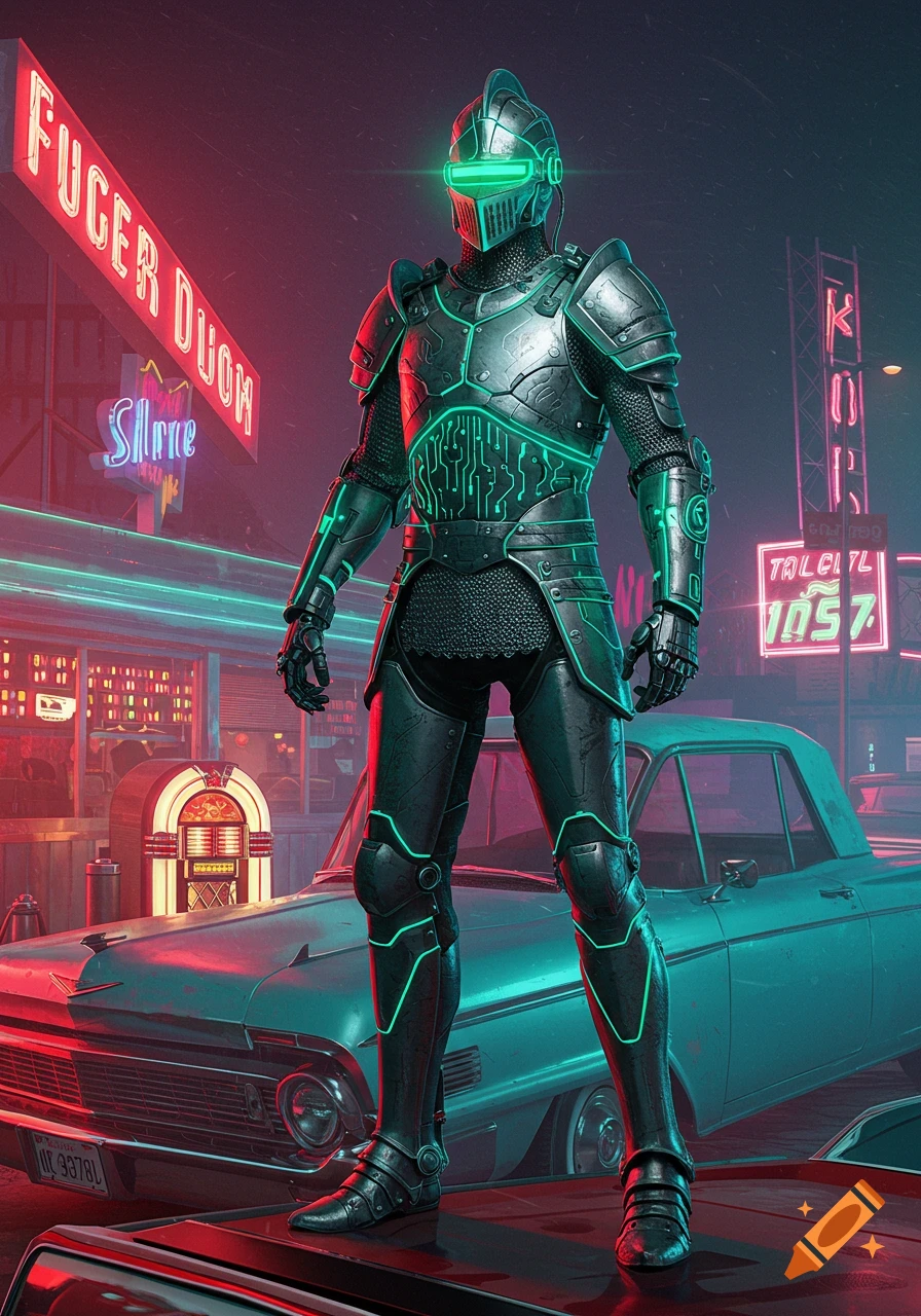 A knight in black and neon green cyberpunk armor stands on a vintage car in a retro-futuristic city street with glowing neon signs.