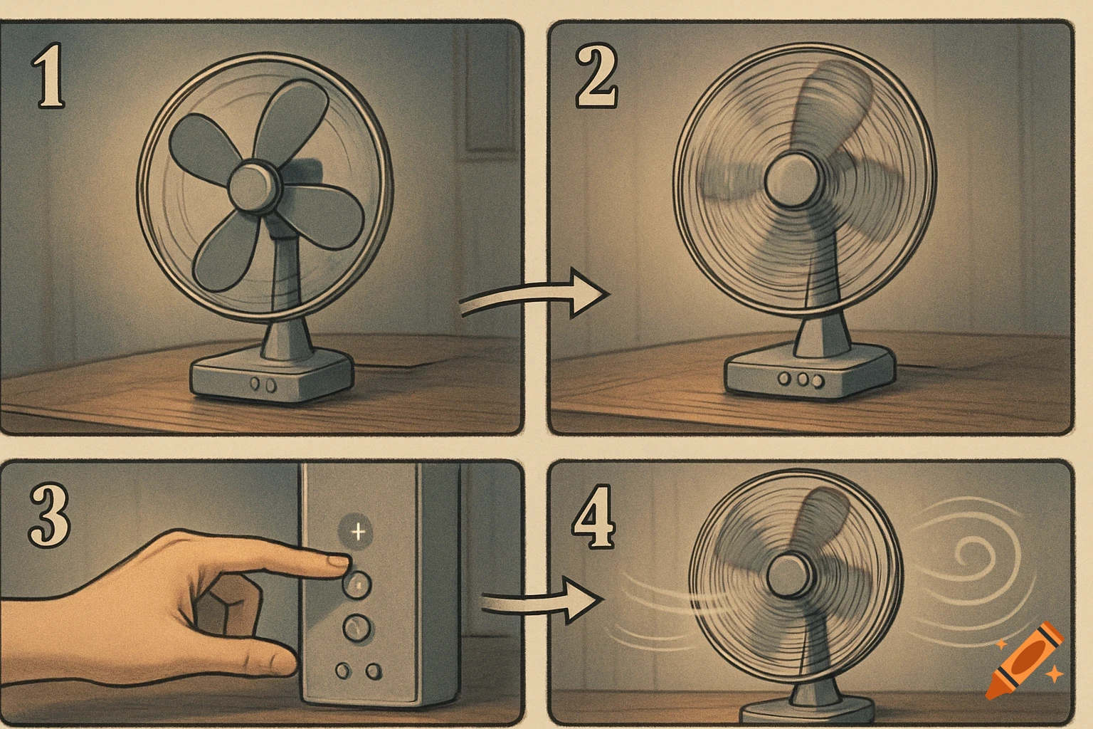 A four-panel diagram illustrating how to turn on a fan, showing its state from off to spinning with airflow.