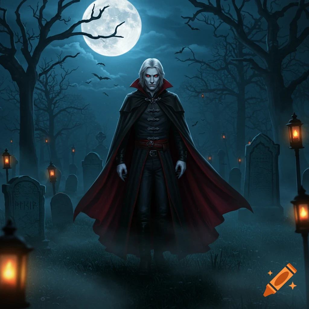 A pale vampire with red eyes and white hair stands in a foggy graveyard under a full moon, wearing a black and red cape.