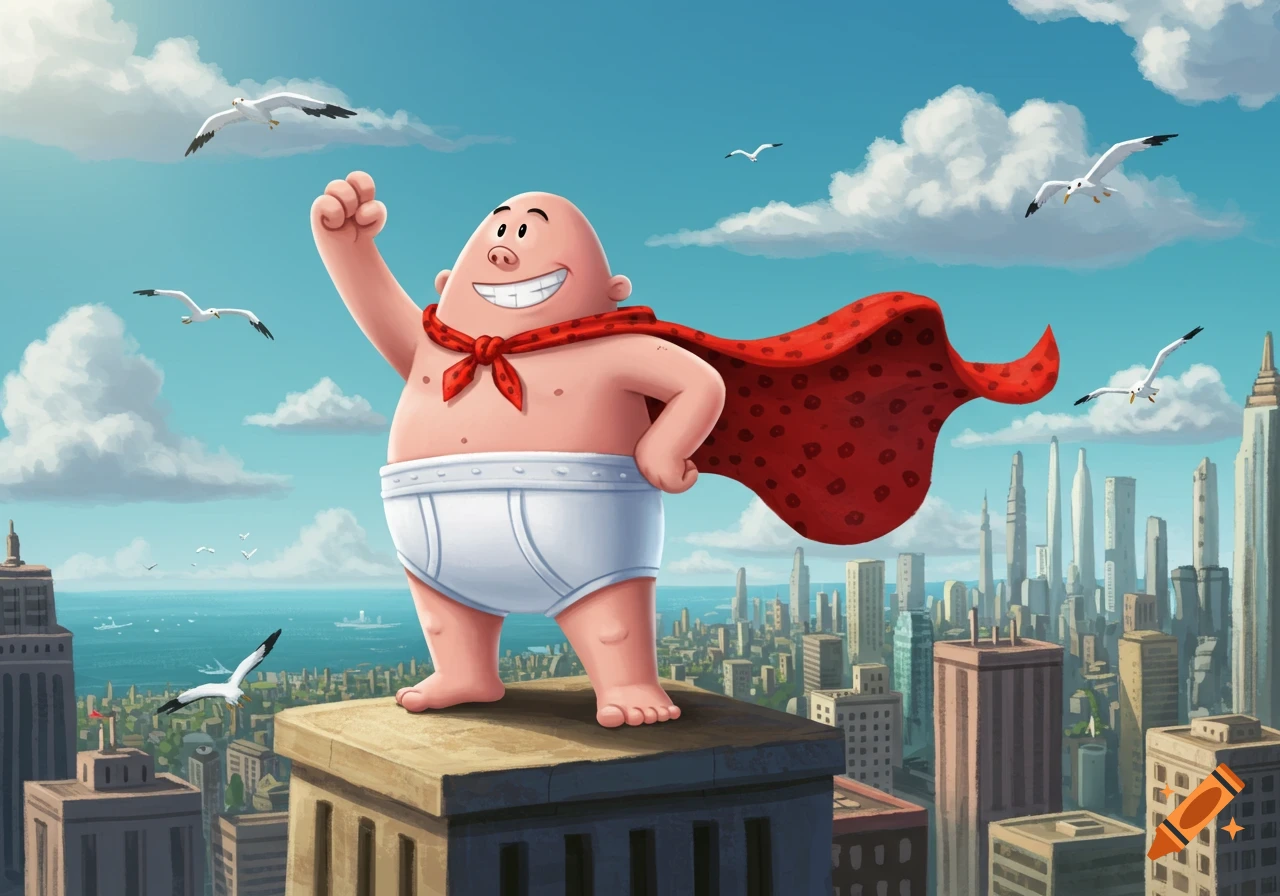 Captain Underpants standing triumphantly on a rooftop overlooking a city and ocean with seagulls flying.