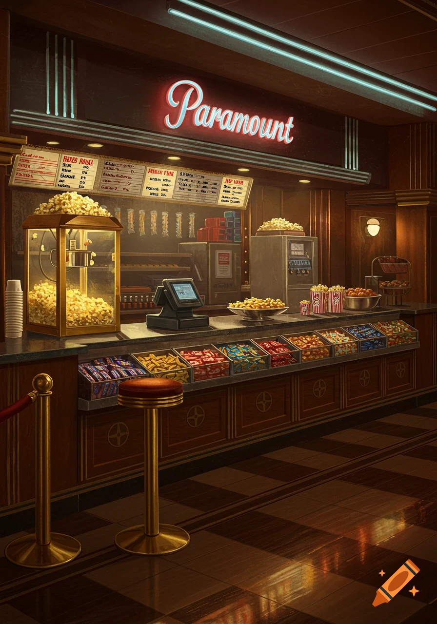 An art deco style cinema snack bar with a neon "Paramount" sign, a popcorn machine, and various candies and snacks on display.