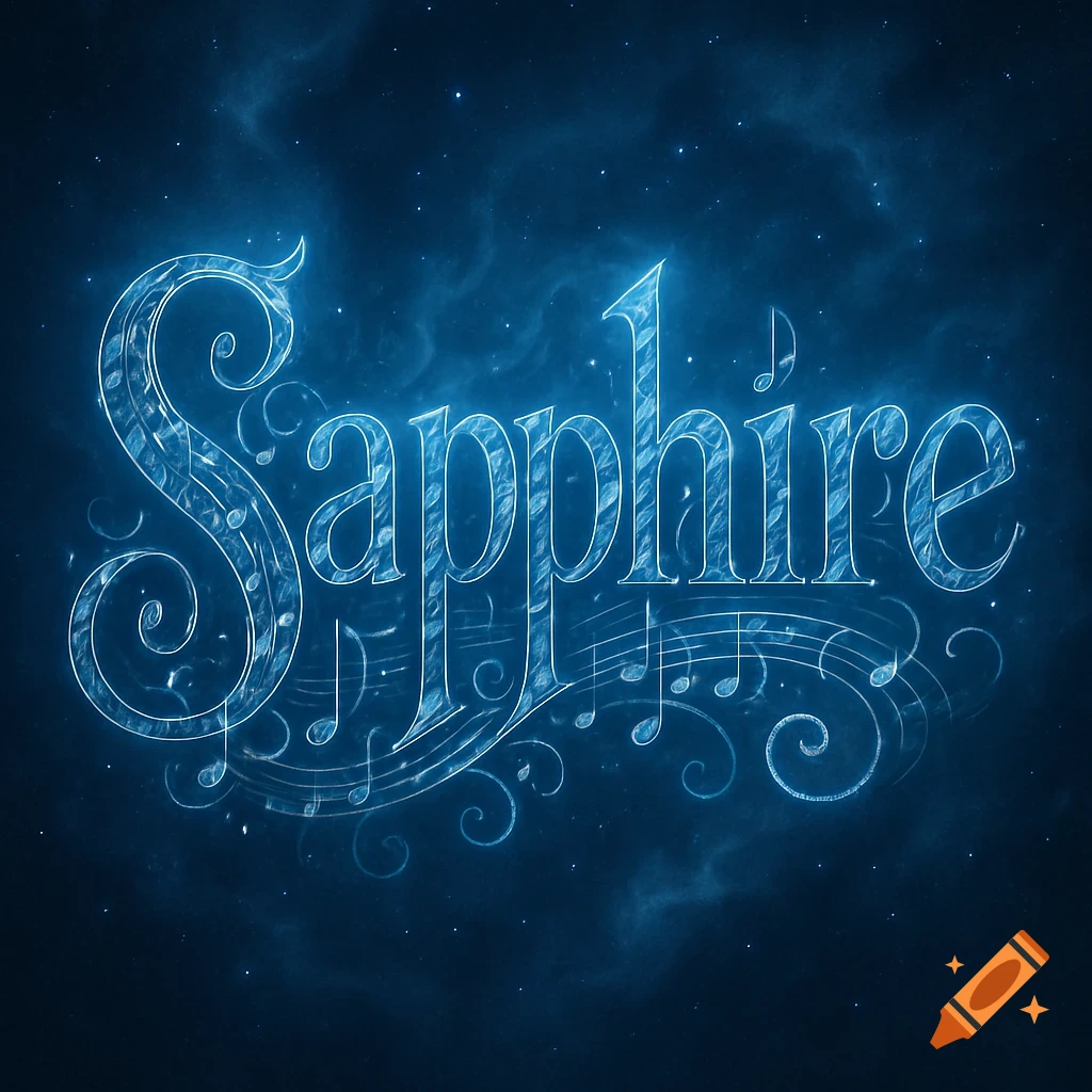Glowing blue text 'Sapphire' adorned with musical notes and staff lines, set against a dark, starry night sky.
