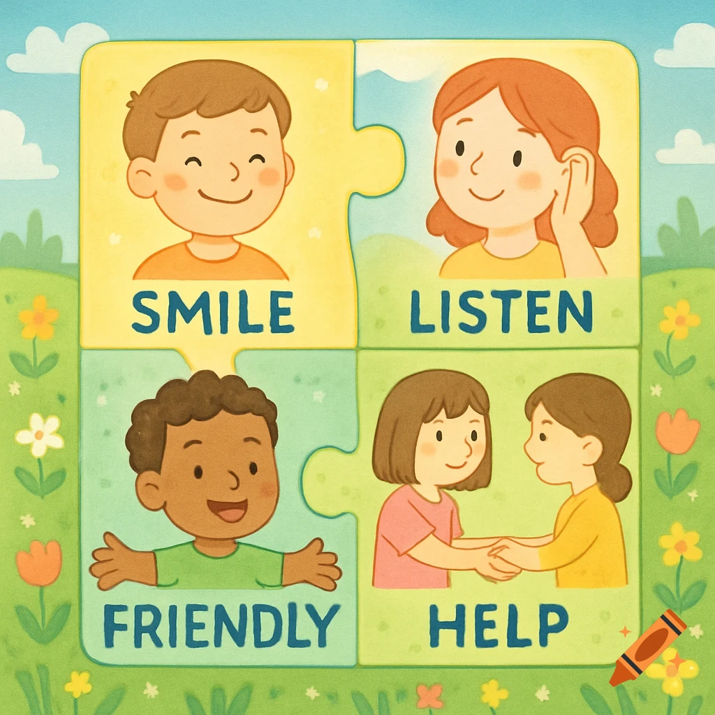 A colorful cartoon image of four puzzle pieces. Each piece features a smiling child and a word: SMILE, LISTEN, FRIENDLY, and HELP.