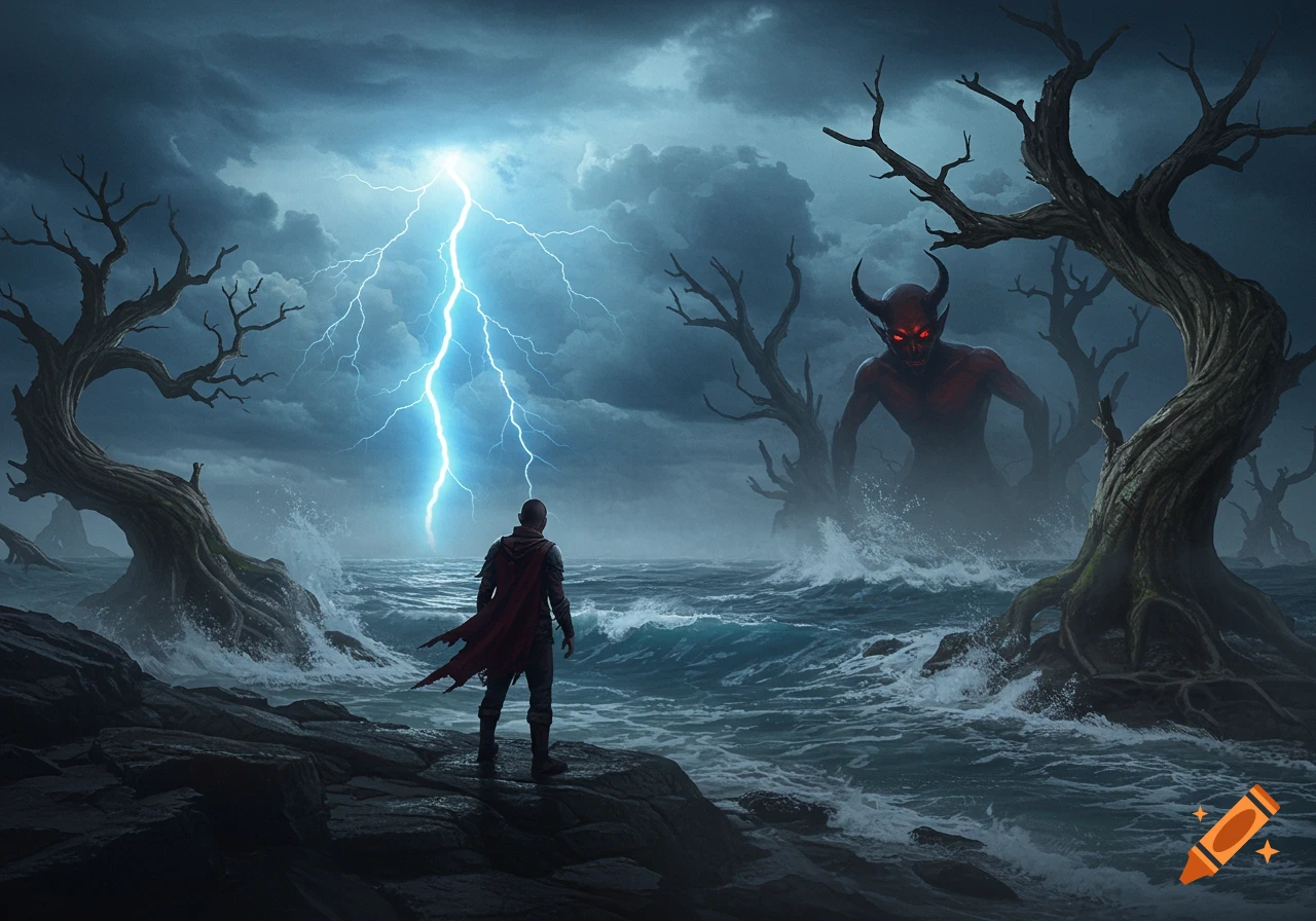 A dark fantasy scene where a lone figure stands on a rocky shore, facing a large red demon emerging from a stormy sea under a dramatic lightning strike.