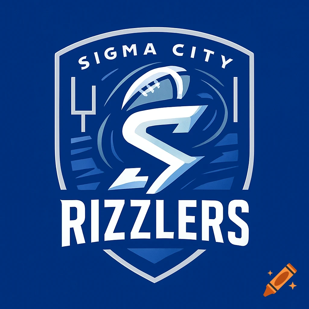 A blue and white shield-shaped logo for "Sigma City Rizzlers" football team, featuring a stylized 'S' with a football and goalpost.